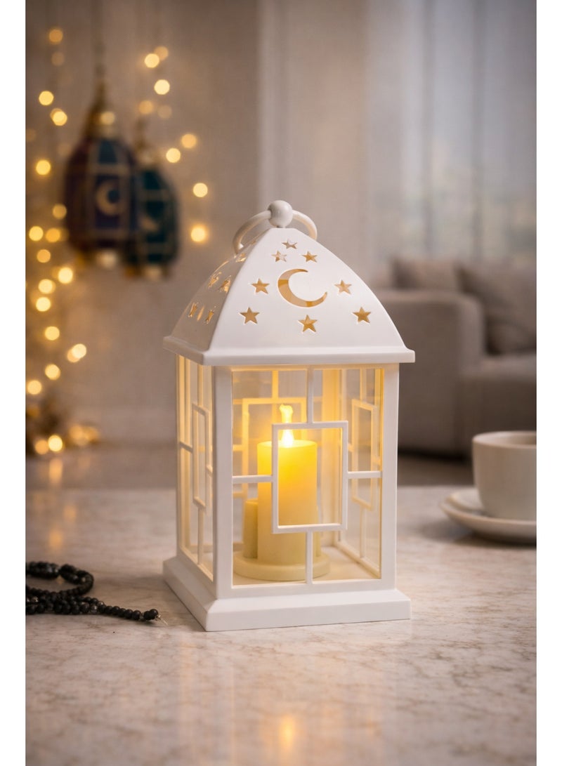 فانوس رمضان أكريليك أبيض 27 سم مضيء – يعمل بالبطاريات – ديكور رف وتعليق - Image 2